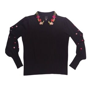 Aaeda Black Floral Embroidered Collar Puff Sleeve Knit Sweater Womens Large